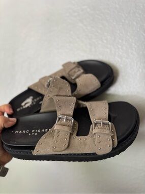 Marc Fisher LTD Taupe Studded Suede Slide Sandals